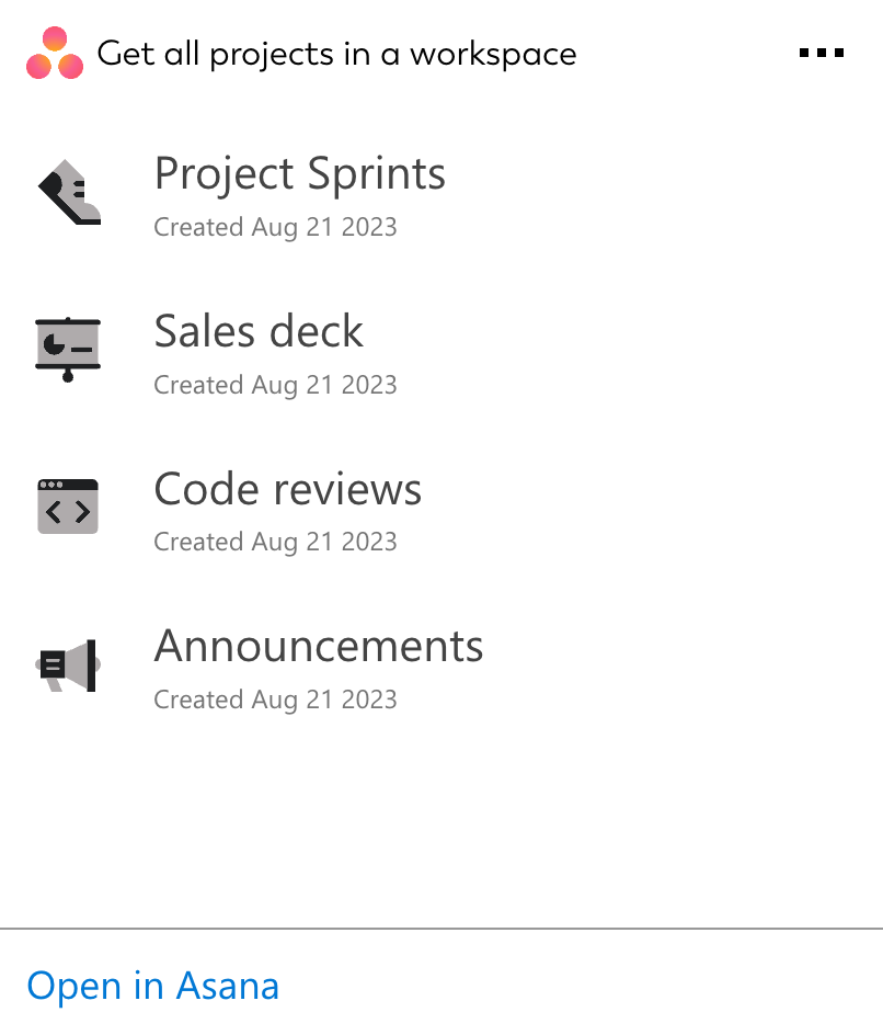 Adaptive Card for Get all projects in a workspace that can be integrated into SharePoint intranets or works on personal dashboards