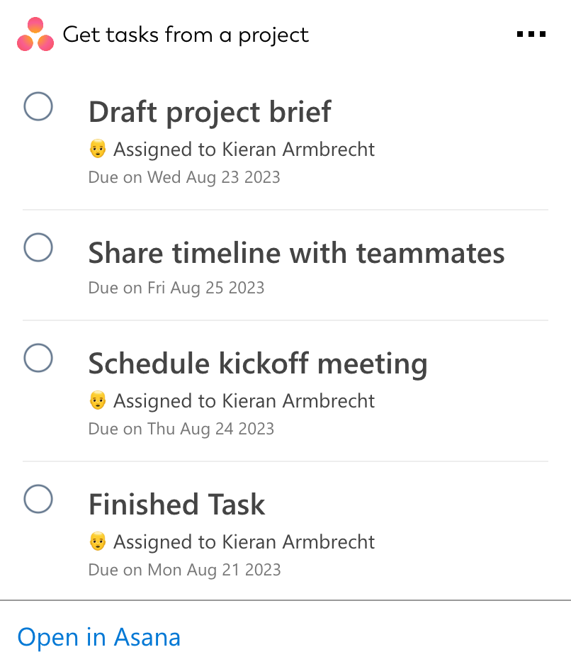 Adaptive Card for Get tasks from a project that can be integrated into SharePoint intranets or works on personal dashboards