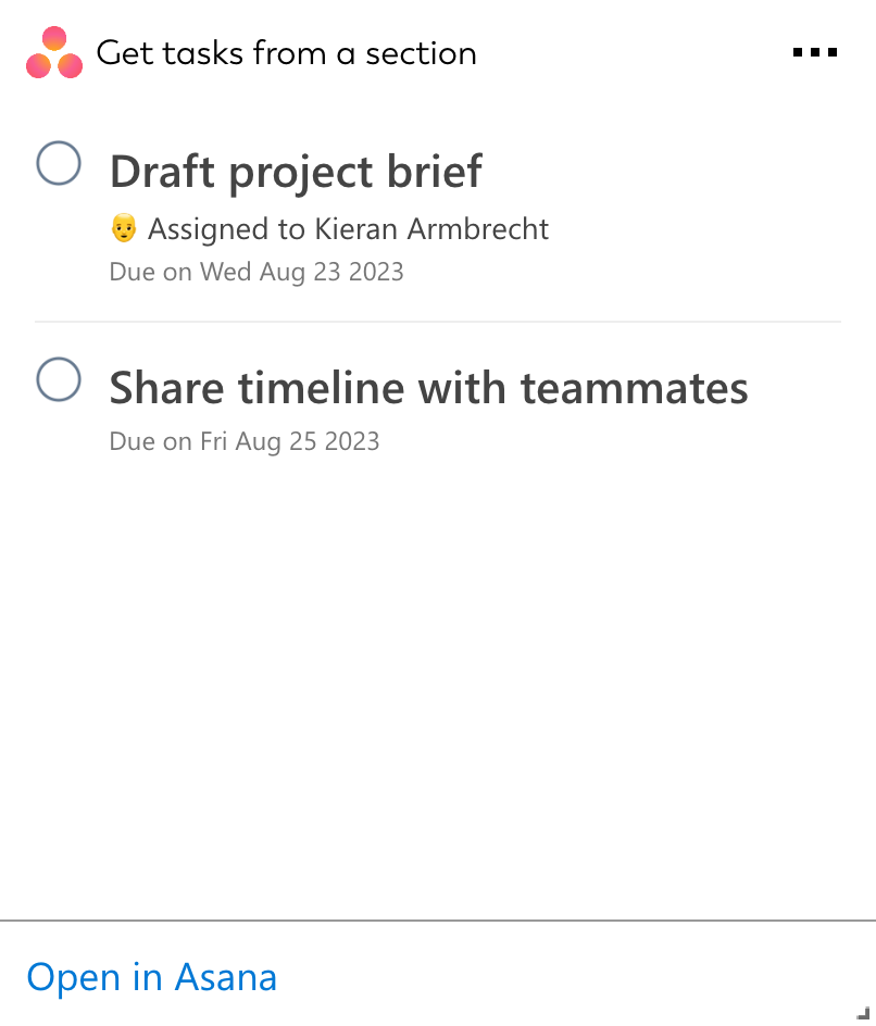 Adaptive Card for Get tasks from a section that can be integrated into SharePoint intranets or works on personal dashboards