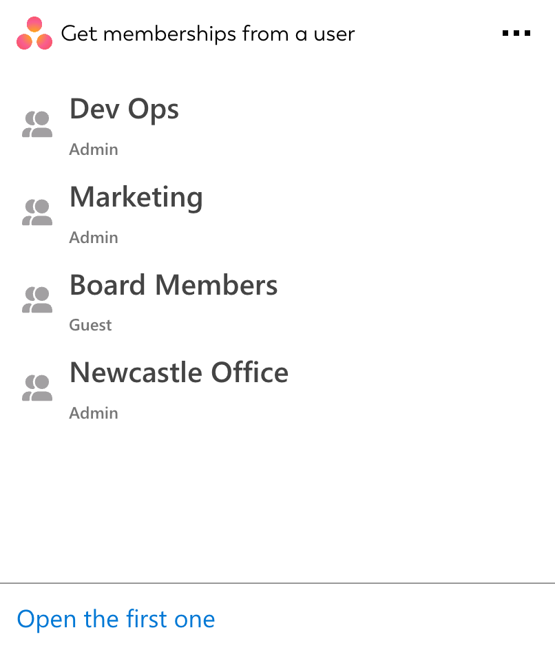 Adaptive Card for Get memberships from a user that can be integrated into SharePoint intranets or works on personal dashboards