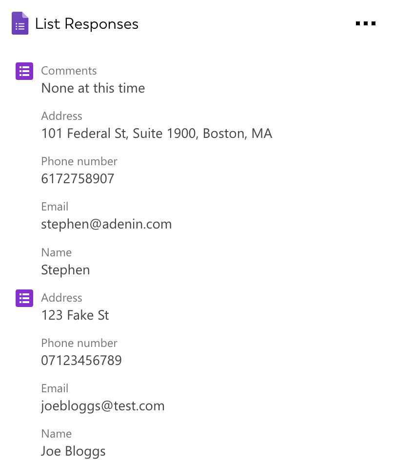 Card screenshot of Google Forms integration