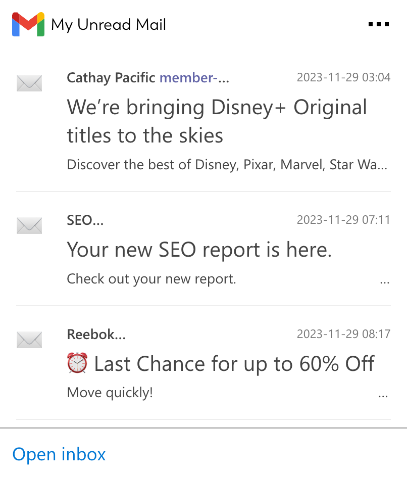 Card screenshot of Google Mail integration