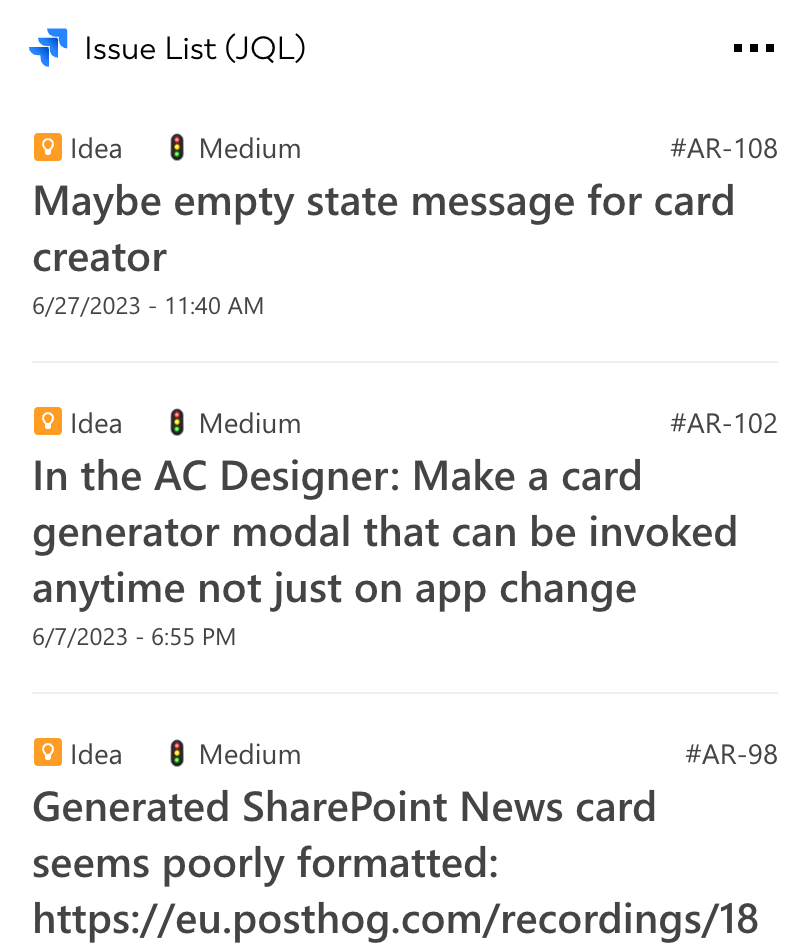 Adaptive Card for Issue List (JQL) that can be integrated into SharePoint intranets or works on personal dashboards
