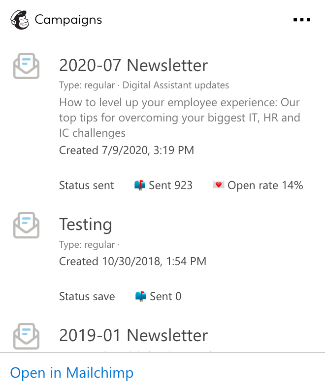 Card screenshot of Mailchimp integration