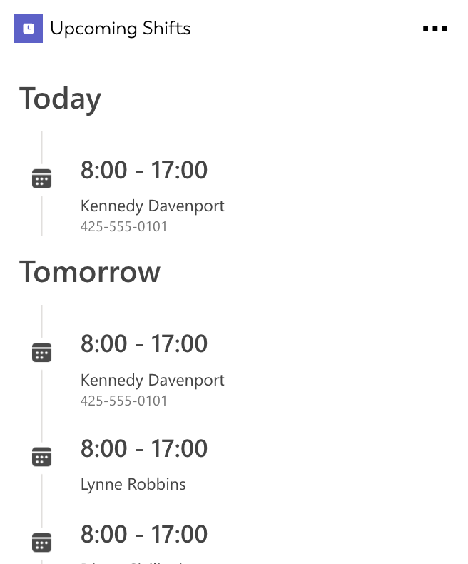 Card screenshot of Microsoft Teams Shifts integration