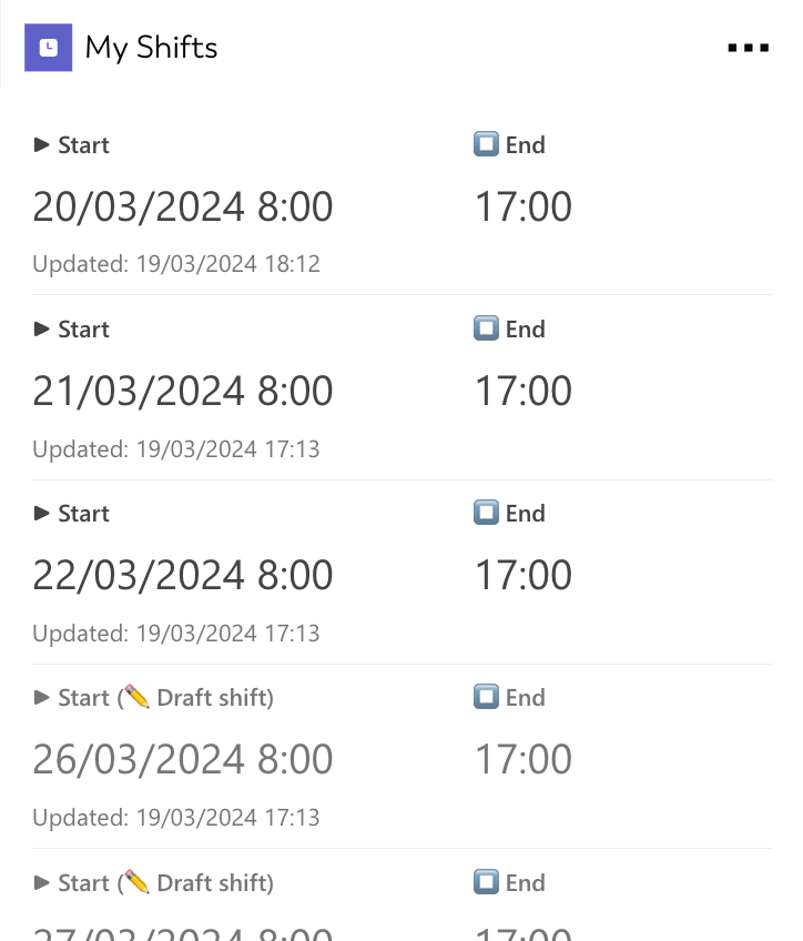 Screenshot of the My Shifts endpoint from the Microsoft Teams Shifts Viva Connections app