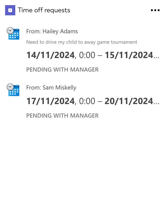 Adaptive Card for Time off requests that can be integrated into SharePoint intranets or works on personal dashboards