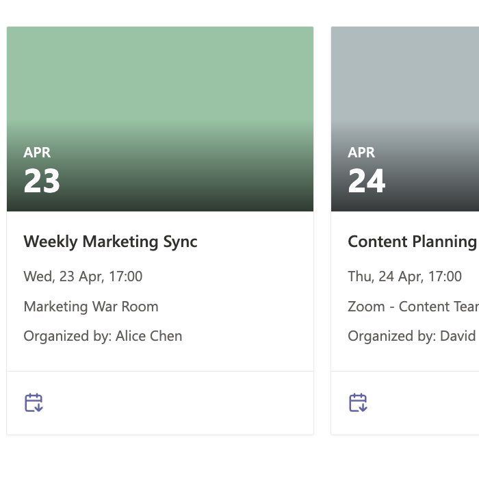 XL Adaptive Card for Upcoming events that can be integrated into SharePoint intranets or works on personal dashboards