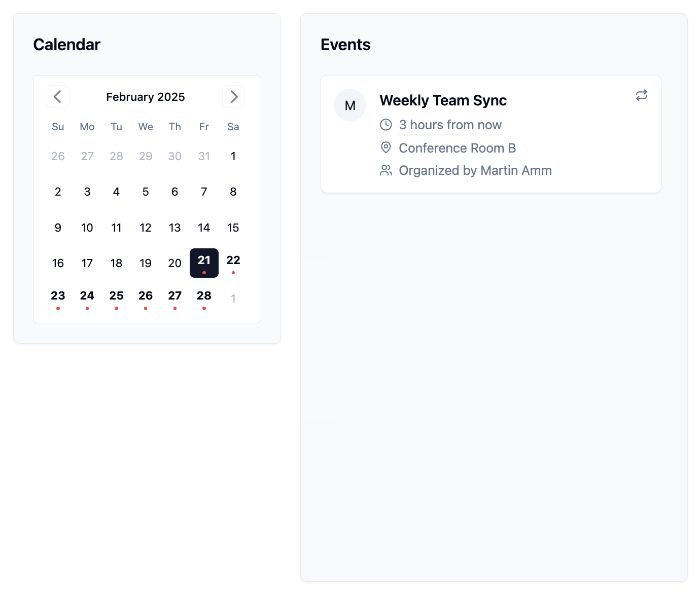 XL Adaptive Card for Upcoming events that can be integrated into SharePoint intranets or works on personal dashboards