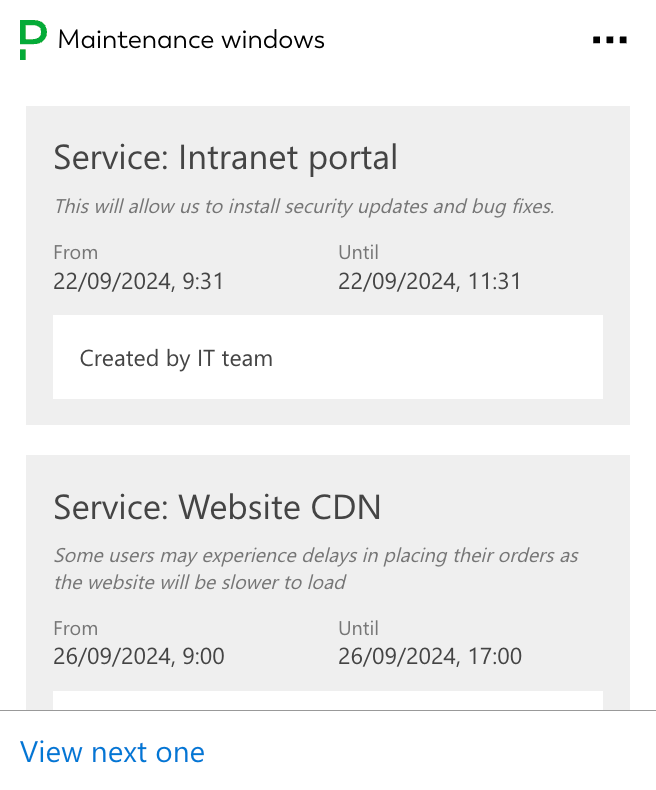 Adaptive Card for Maintenance windows that can be integrated into SharePoint intranets or works on personal dashboards