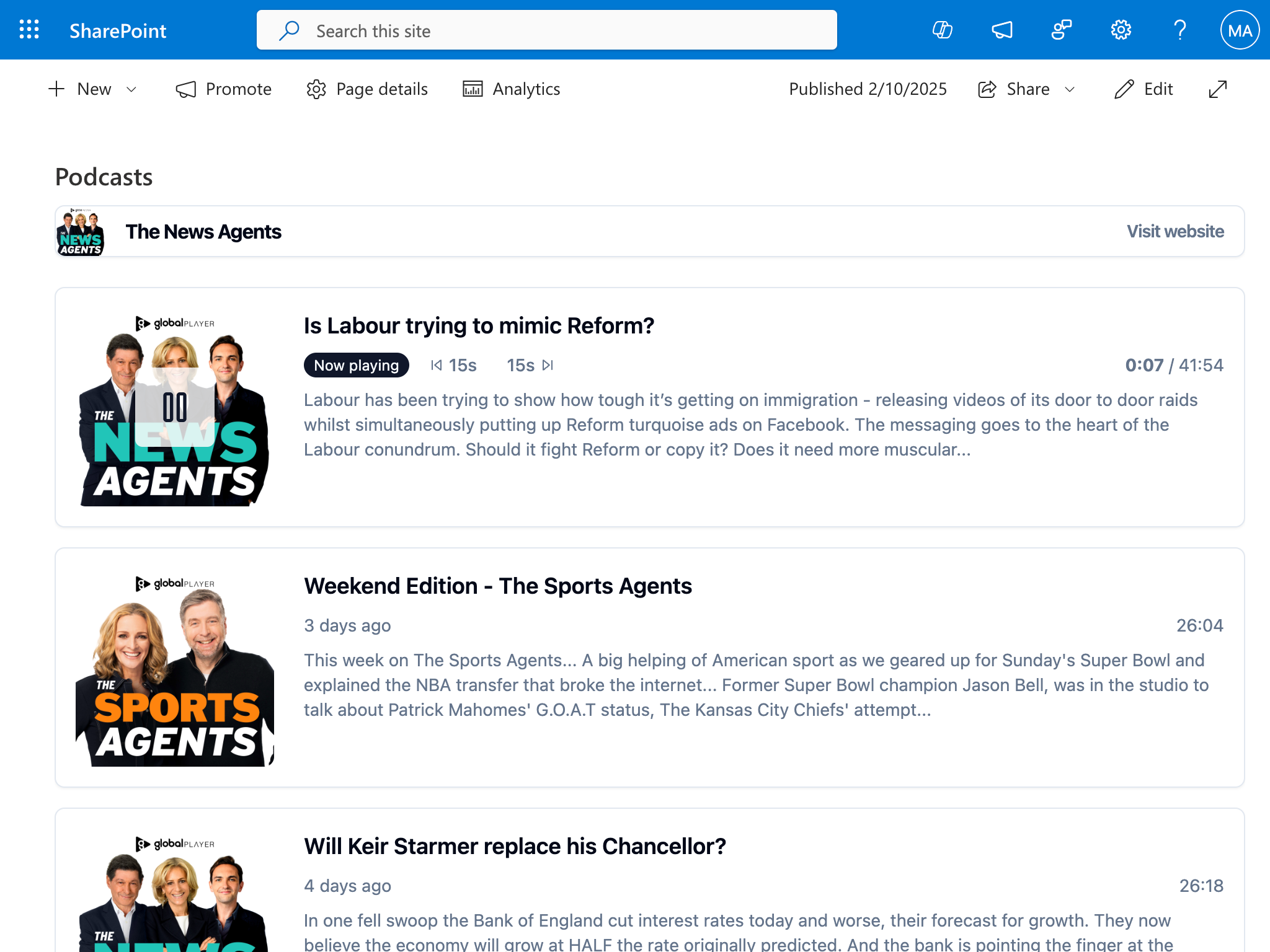 Image of Podcasts SharePoint web part being added to a page