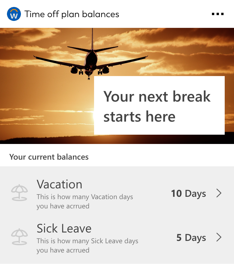 Adaptive Card for Time off balance that can be integrated into SharePoint intranets or works on personal dashboards